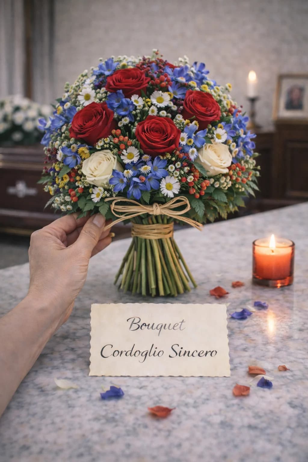 Bouquet Cordoglio Sincero, composizione floreale per funerale e camera ardente, con foto di conferma su WhatsApp