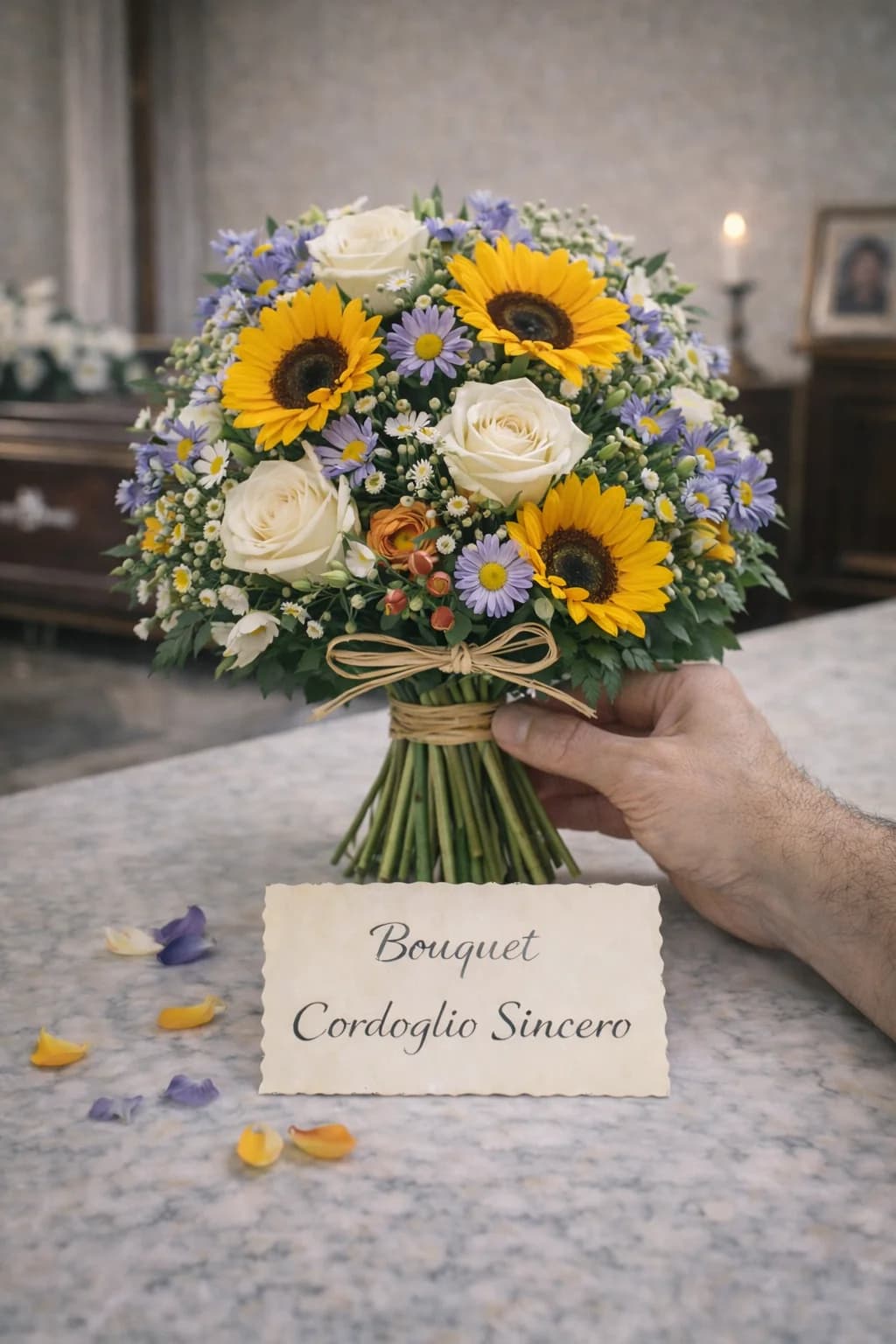 Bouquet Cordoglio Sincero, composizione floreale per funerale e camera ardente, con foto di conferma su WhatsApp