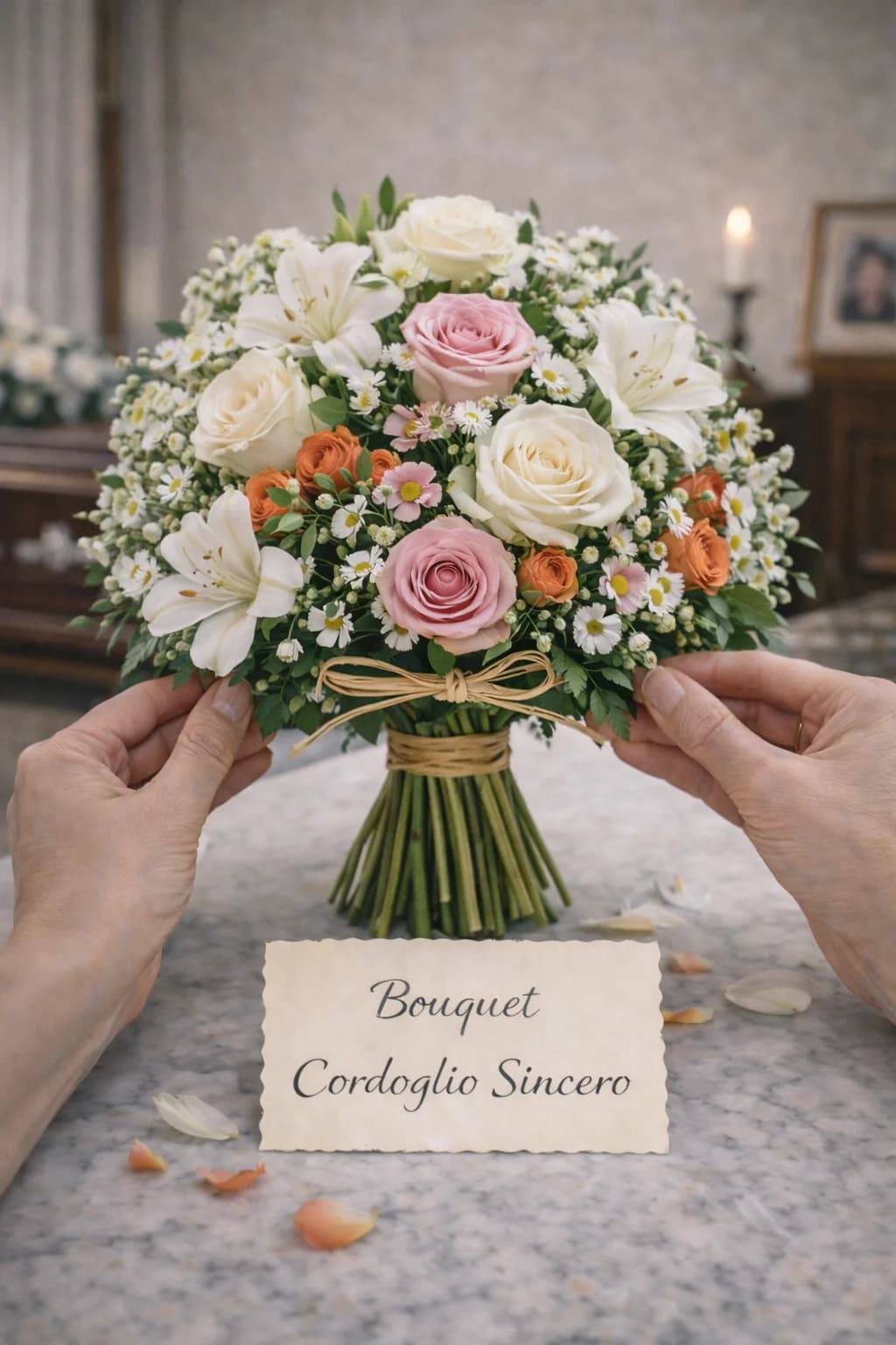 Bouquet Cordoglio Sincero, composizione floreale per funerale e camera ardente, con foto di conferma su WhatsApp