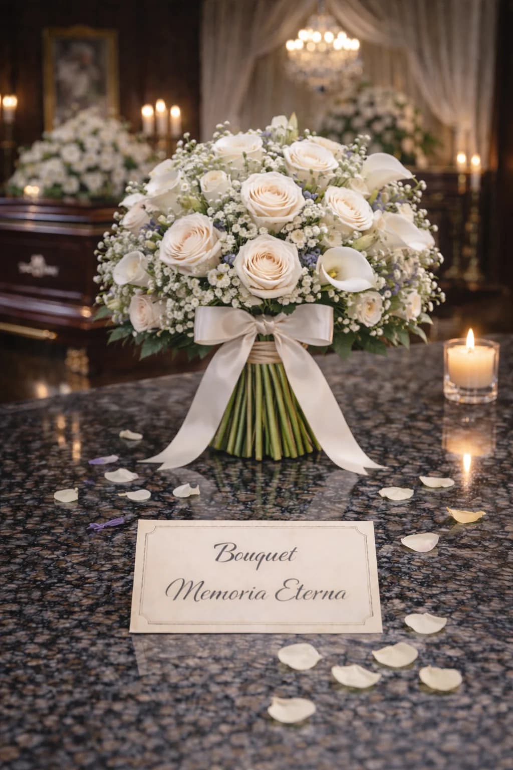 Bouquet Memoria Eterna, composizione floreale per funerale e camera ardente, con foto di conferma su WhatsApp