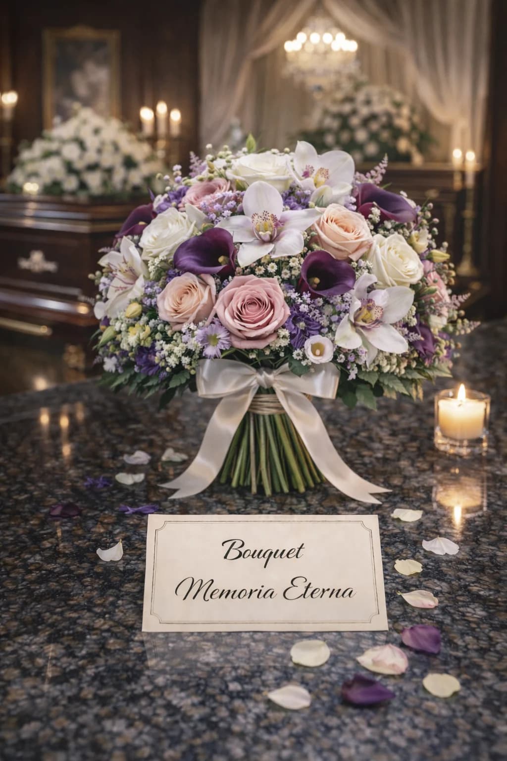 Bouquet Memoria Eterna, composizione floreale per funerale e camera ardente, con foto di conferma su WhatsApp