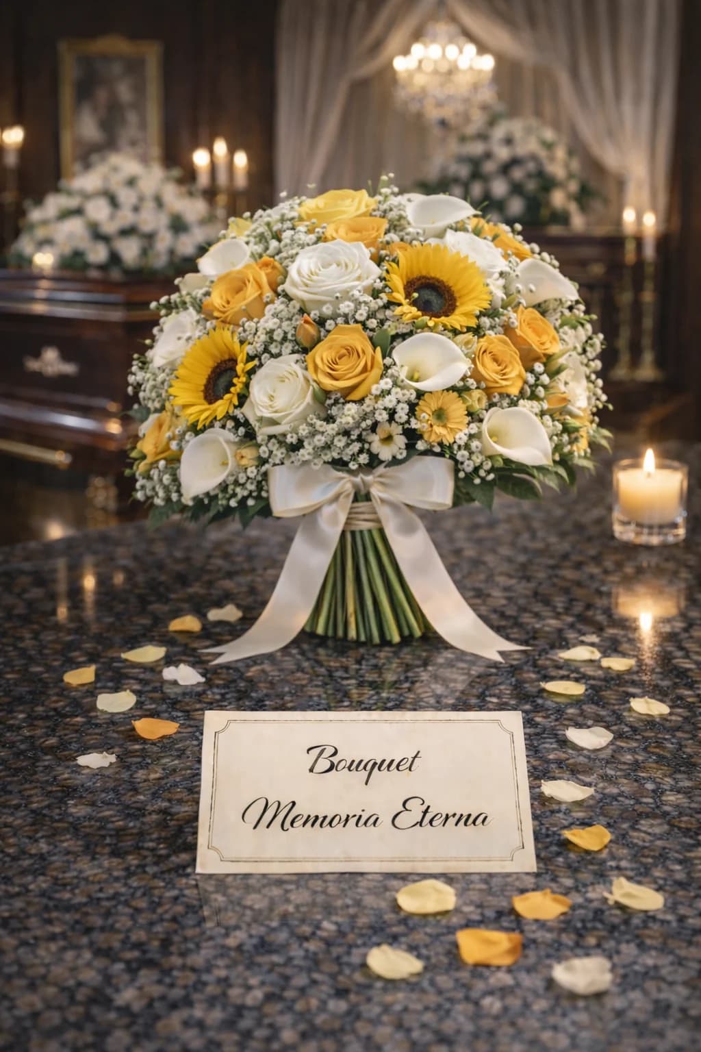 Bouquet Memoria Eterna, composizione floreale per funerale e camera ardente, con foto di conferma su WhatsApp