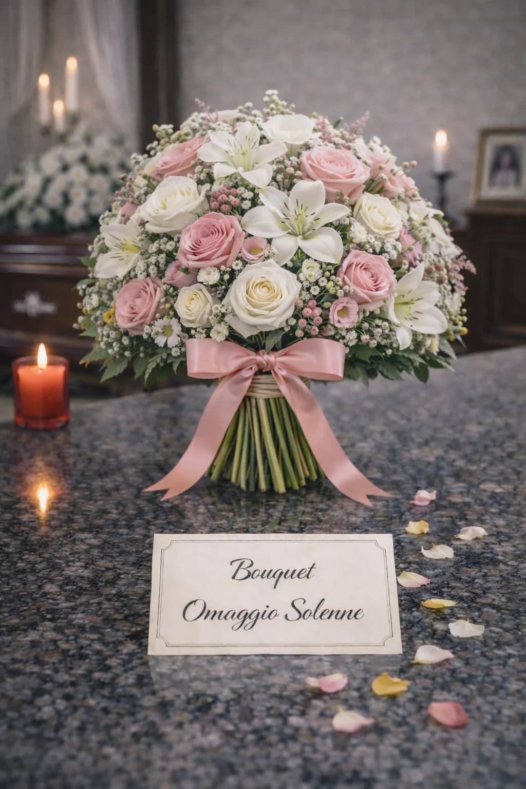 Bouquet Omaggio Solenne, composizione floreale per funerale e camera ardente, con foto di conferma su WhatsApp