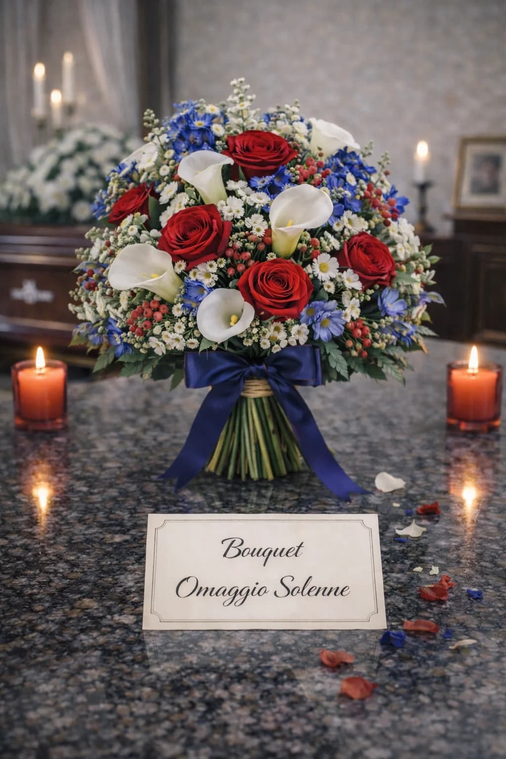 Bouquet Omaggio Solenne, composizione floreale per funerale e camera ardente, con foto di conferma su WhatsApp