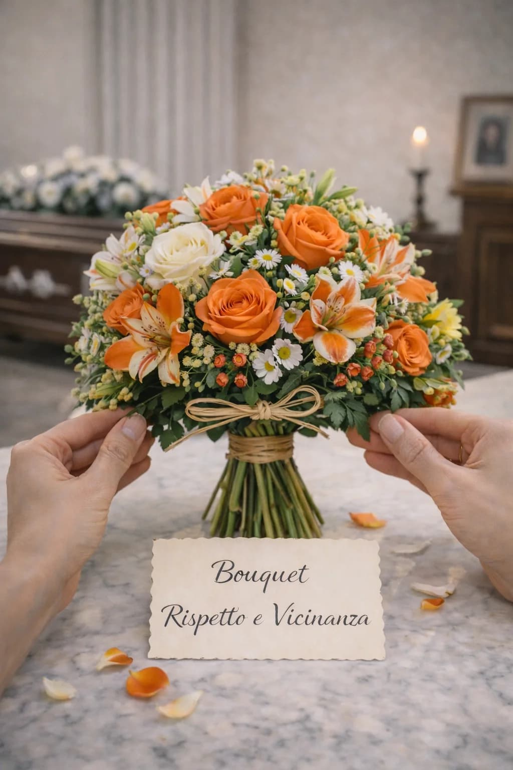 Bouquet Rispetto e Vicinanza, composizione floreale per funerale e camera ardente, con foto di conferma su WhatsApp
