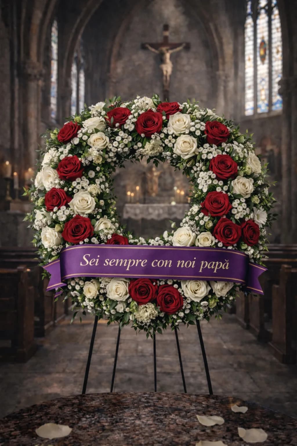 Cuore / Corona, composizione floreale per funerale e camera ardente, con foto di conferma su WhatsApp