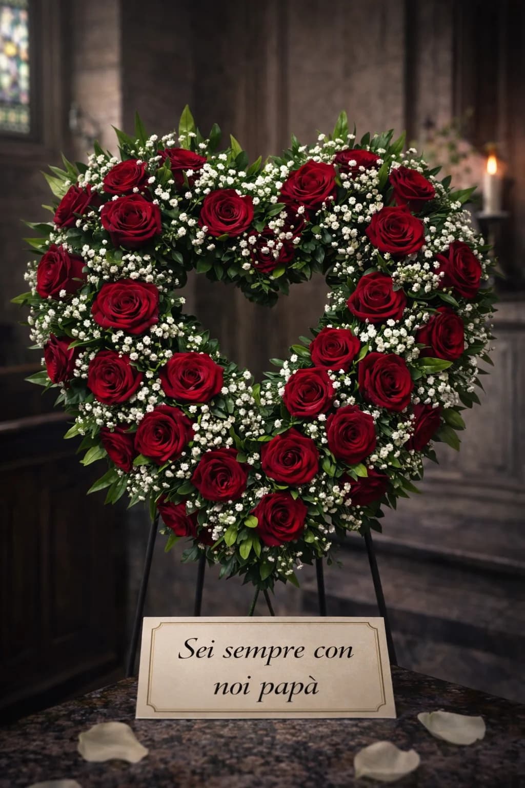 Cuore / Corona, composizione floreale per funerale e camera ardente, con foto di conferma su WhatsApp