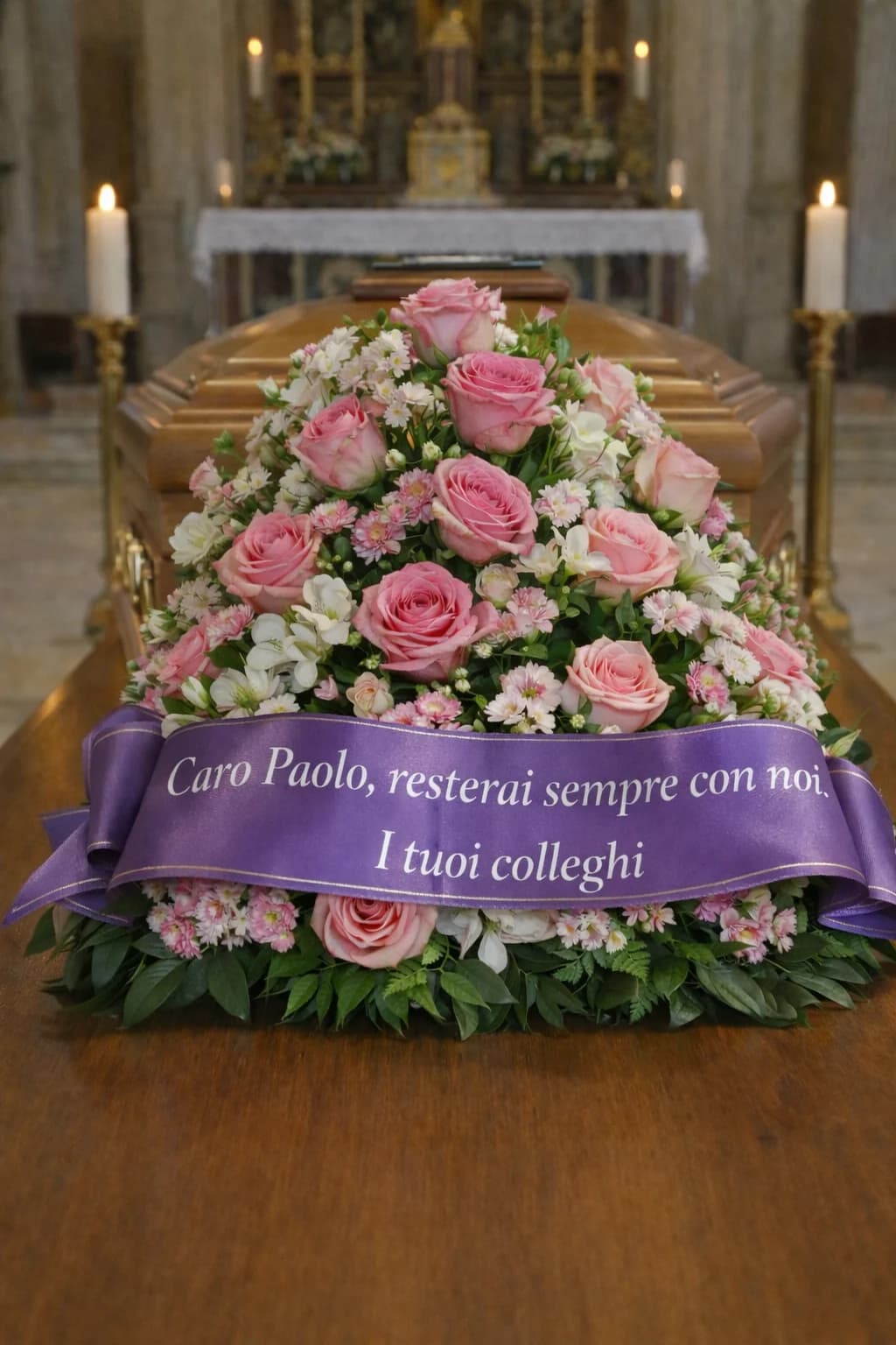 Piramide, composizione floreale per funerale e camera ardente, con foto di conferma su WhatsApp