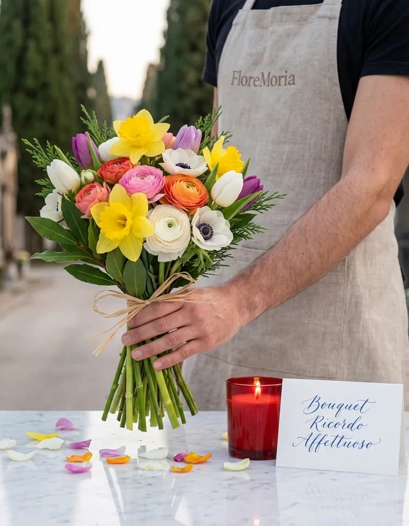 Ricordo Affettuoso, omaggio floreale con consegna al cimitero, con foto di conferma su WhatsApp